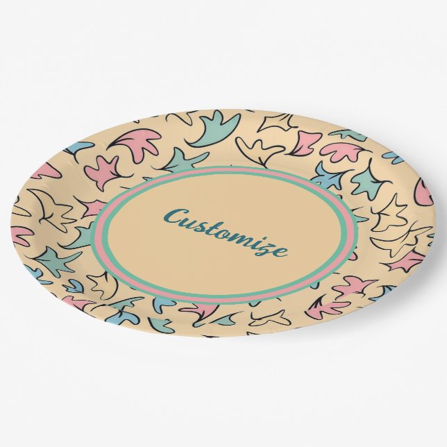 Personalized Pastel Leaves Yellow Paper Plate (Angled)
