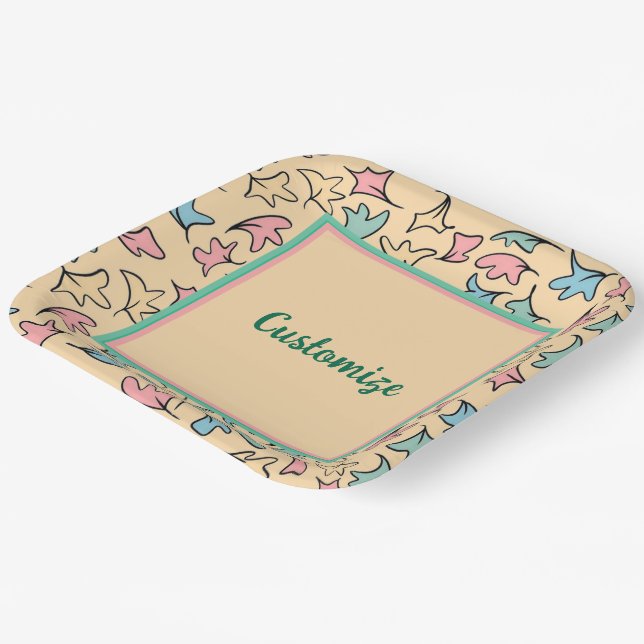 Personalized Pastel Leaves Yellow Paper Plate (Angled)