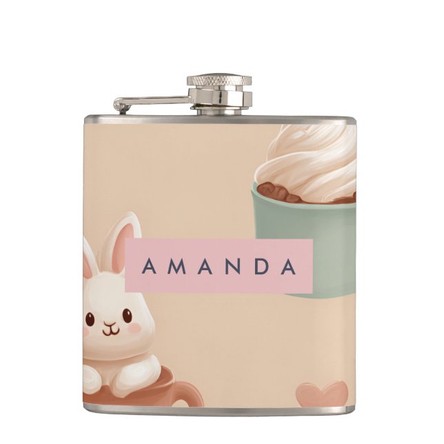Personalized Pastel Macarons & Almond Pattern Hip Flask (Front)