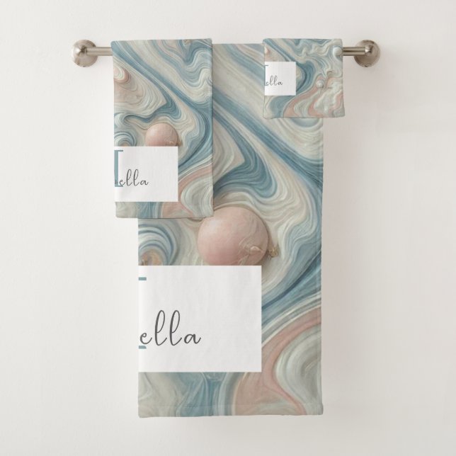 Personalized Pastel Marble Bathroom Towel Set (Insitu)
