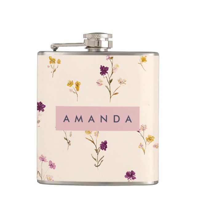 Personalized Pastel Meadow Blooms Hip Flask (Front)