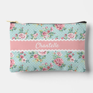 Personalized Pastel Mint Green Pink Roses Art Accessory Pouch