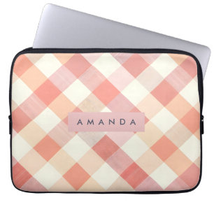 Personalized Pastel Peach Chequered Modern  Laptop Sleeve