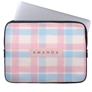 Personalized Pastel Pink and Blue Plaid Laptop Sleeve