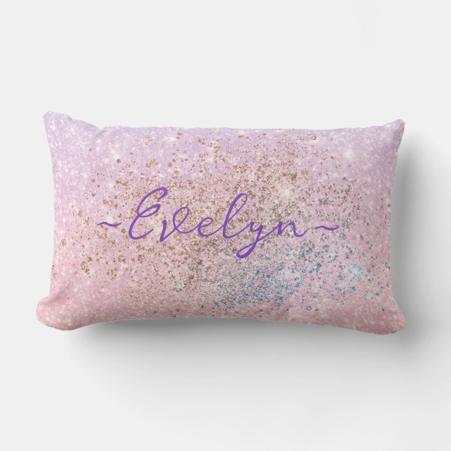 Personalized pastel pink blue glitter lumbar pillow (Front)