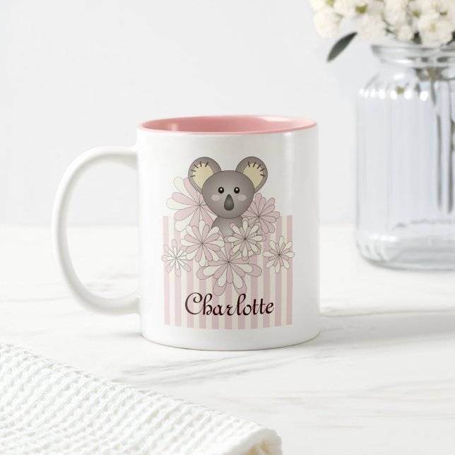 Personalized Pastel Pink Cute Koala Girls Kids Two-Tone Coffee Mug (Creator Uploaded)