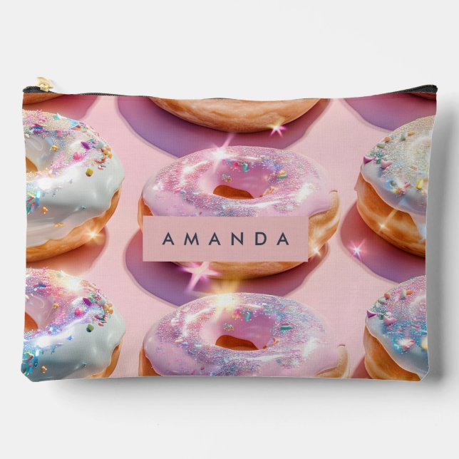 Personalized Pastel Pink Doughnut Sparkle Accessory Pouch (Front)