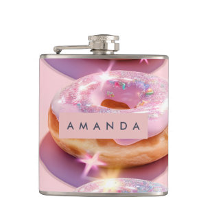 Personalized Pastel Pink Doughnut Sparkle Hip Flask