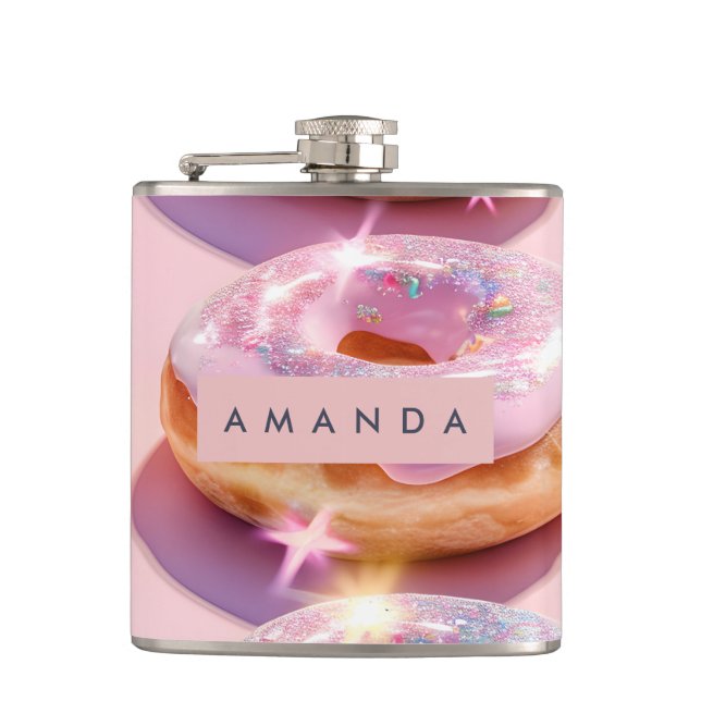 Personalized Pastel Pink Doughnut Sparkle Hip Flask (Front)