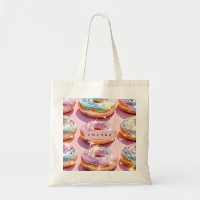 Personalized Pastel Pink Doughnut Sparkle Tote Bag (Front)