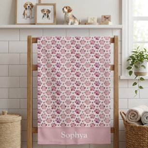 Personalized Pastel Pink Paw Print Beach Towel