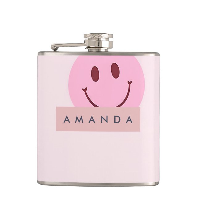 Personalized Pastel Pink Smiley Face  Hip Flask (Front)