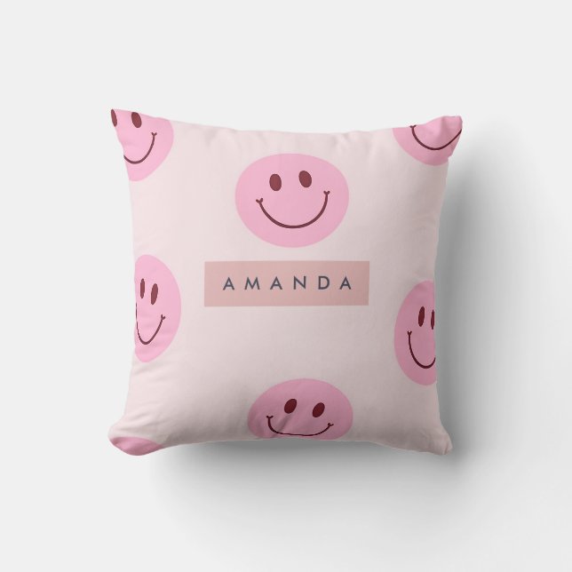 Personalized Pastel Pink Smiley Face  Throw Pillow (Front)