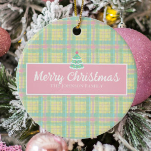 Personalized Pastel Plaid Christmas Ceramic Ornament