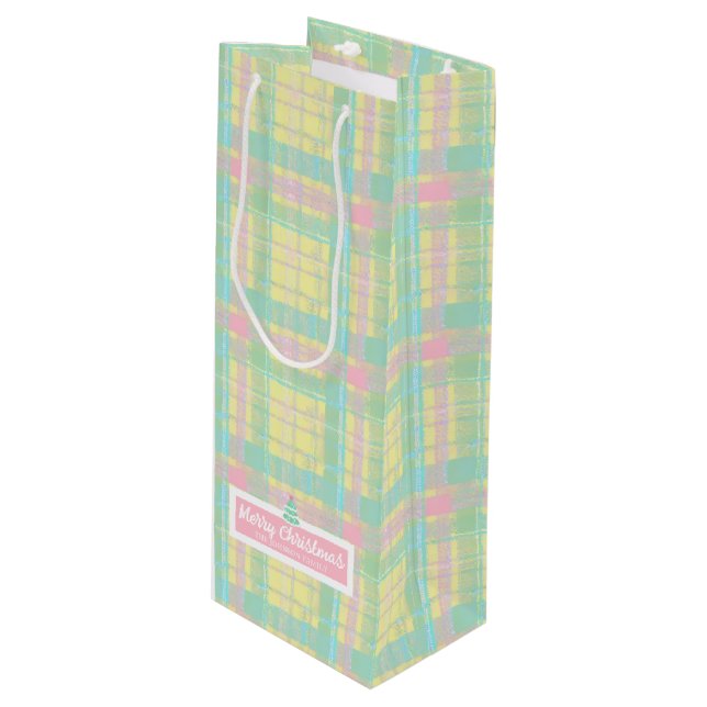 Personalized Pastel Plaid Christmas  Wine Gift Bag (Front Angled)