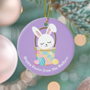 Personalized Pastel Purple Happy Easter Bunny Ceramic Ornament