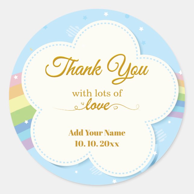 Personalized Pastel Rainbow & Cloud "Thank You" Classic Round Sticker (Front)