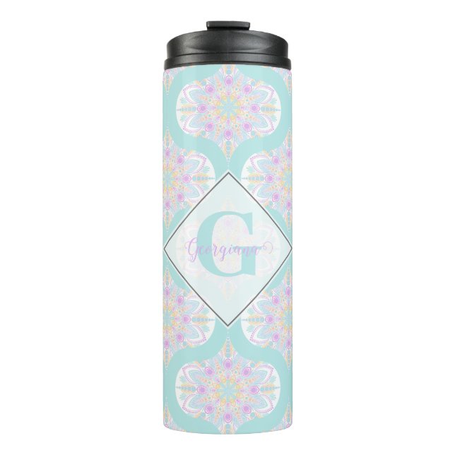 Personalized Pastel Rainbow Floral Mandala Mid Mod Thermal Tumbler (Front)