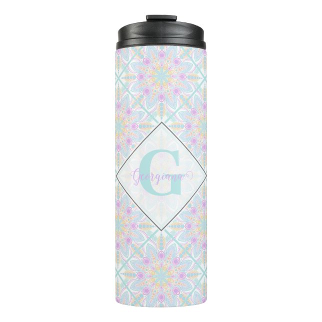 Personalized Pastel Rainbow Floral Mandala Tiled Thermal Tumbler (Front)
