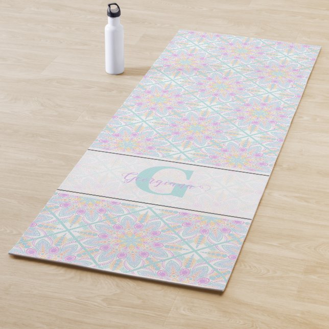 Personalized Pastel Rainbow Floral Mandala Tiled Yoga Mat (In Situ)