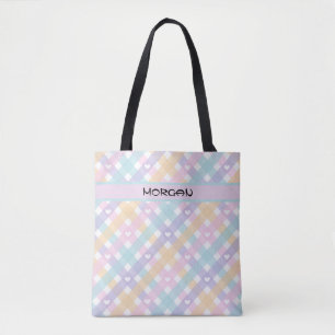Personalized Pastel Rainbow Gingham Pattern Tote Bag