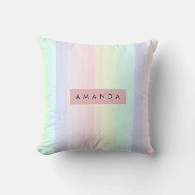Personalized Pastel Rainbow Stripe Throw Pillow (Front)