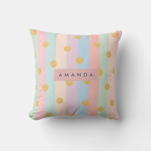 Personalized Pastel Rainbow Stripes with Dots Throw Pillow