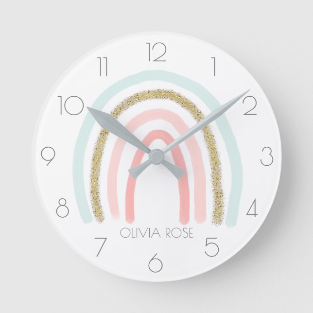 Personalized Pastel Rainbow with Faux Gold Glitter Round Clock (Front)