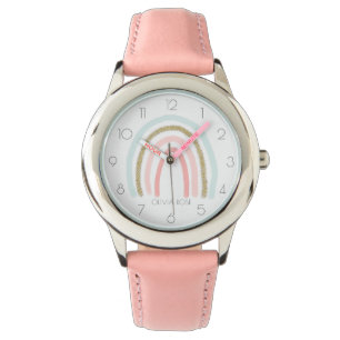 Personalized Pastel Rainbow with Faux Gold Glitter Watch