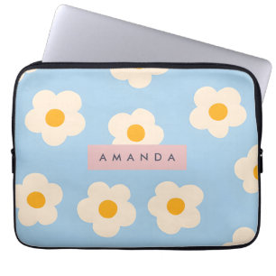 Personalized Pastel Retro Blue Daisy Flower Laptop Sleeve