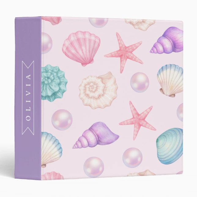 Personalized Pastel Seashell Coastal Custom Name Binder (Front/Spine)