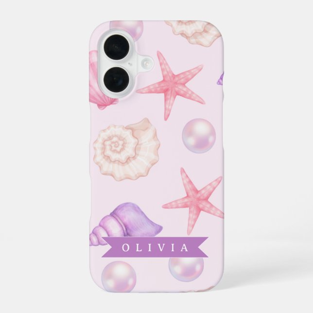 Personalized Pastel Seashell Coastal Custom Name iPhone 16 Case (Back)