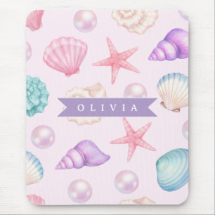 Personalized Pastel Seashell Coastal Custom Name Mouse Pad