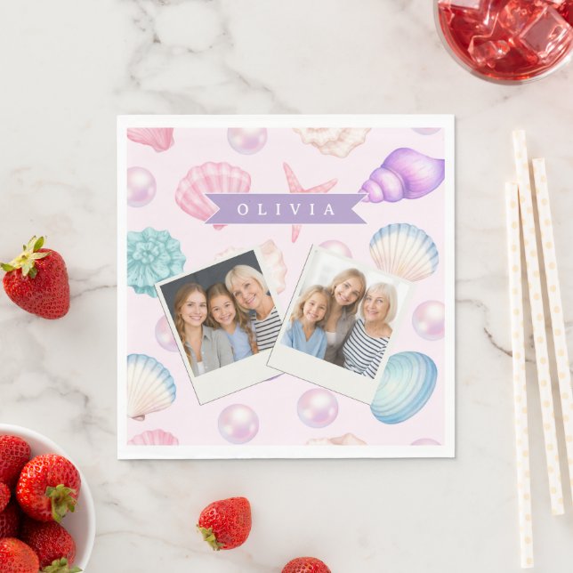 Personalized Pastel Seashell Coastal Custom Name Napkin (Insitu)