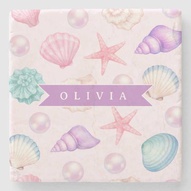 Personalized Pastel Seashell Coastal Custom Name Stone Coaster (Front)