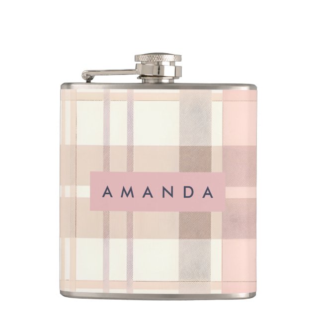 Personalized Pastel Soft Blush Beige Plaid Hip Flask (Front)