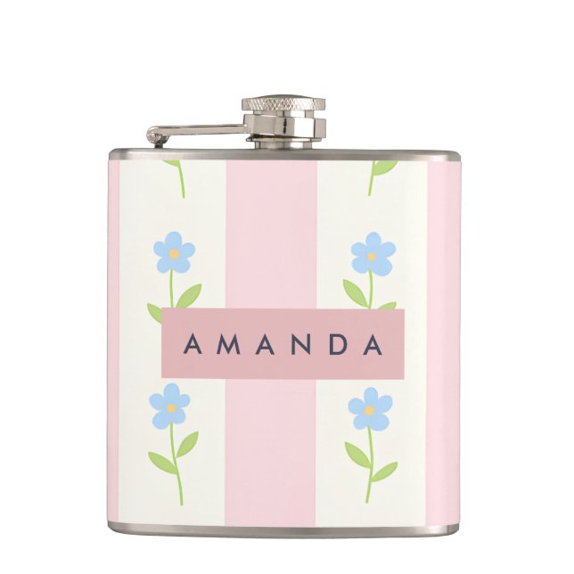 Personalized Pastel Stripes with Flower Pattern Hip Flask (Front)