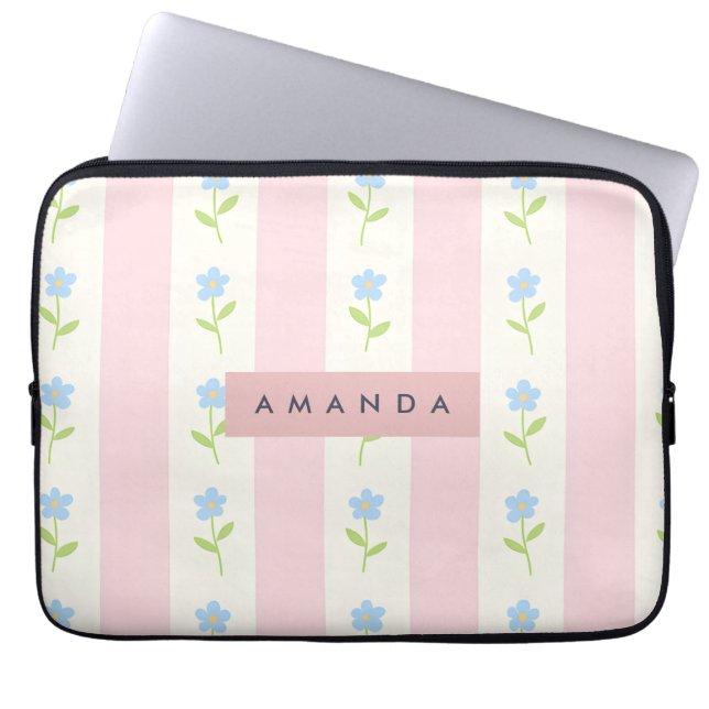 Personalized Pastel Stripes with Flower Pattern Laptop Sleeve (Front)