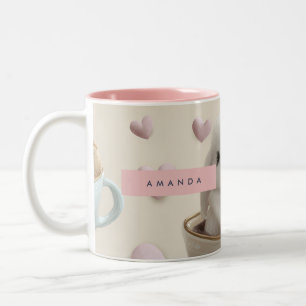 Personalized Pastel Sweet Bunny in Teacup Pattern Two-Tone Coffee Mug