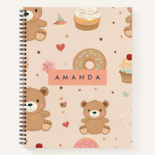 Personalized Pastel Teddy Bear and Donut Dessert Notebook