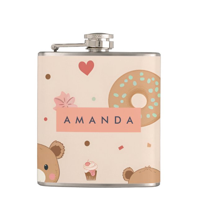 Personalized Pastel Teddy Bear and Doughnut Desser Hip Flask (Front)