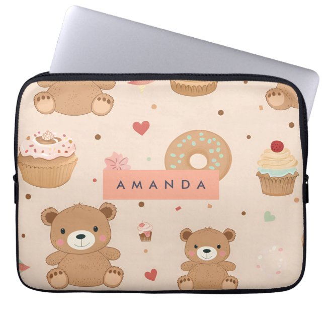 Personalized Pastel Teddy Bear and Doughnut Desser Laptop Sleeve (Front)