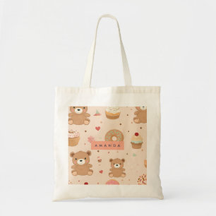 Personalized Pastel Teddy Bear and Doughnut Desser Tote Bag