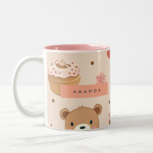 Personalized Pastel Teddy Bear and Doughnut Desser Two-Tone Coffee Mug