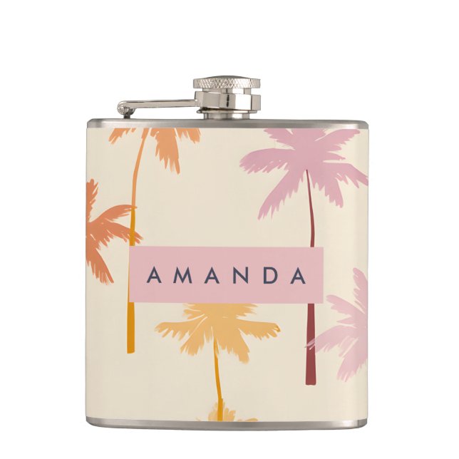 Personalized Pastel Tropical Sunset Palm Tree Hip Flask (Front)