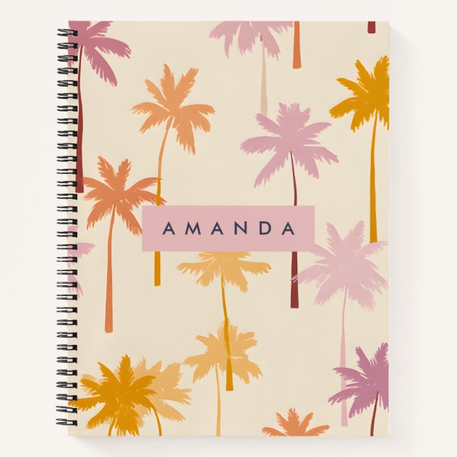 Personalized Pastel Tropical Sunset Palm Tree Notebook (Front)