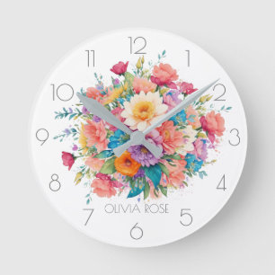 Personalized Pastel Watercolor Flower Bouquet Round Clock