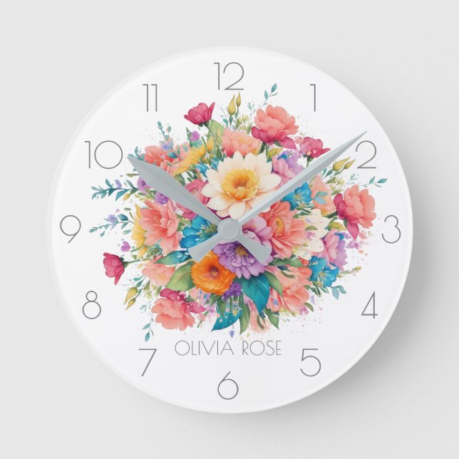 Personalized Pastel Watercolor Flower Bouquet Round Clock (Front)