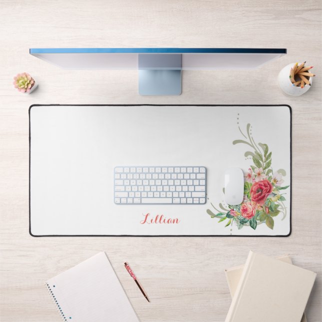 Personalized Pastel Watercolor Flowers and Swirls Desk Mat (Office 1)
