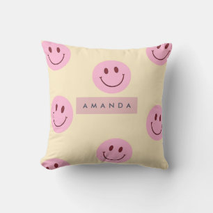 Personalized Pastel Yellow & Pink Smiley Face Throw Pillow